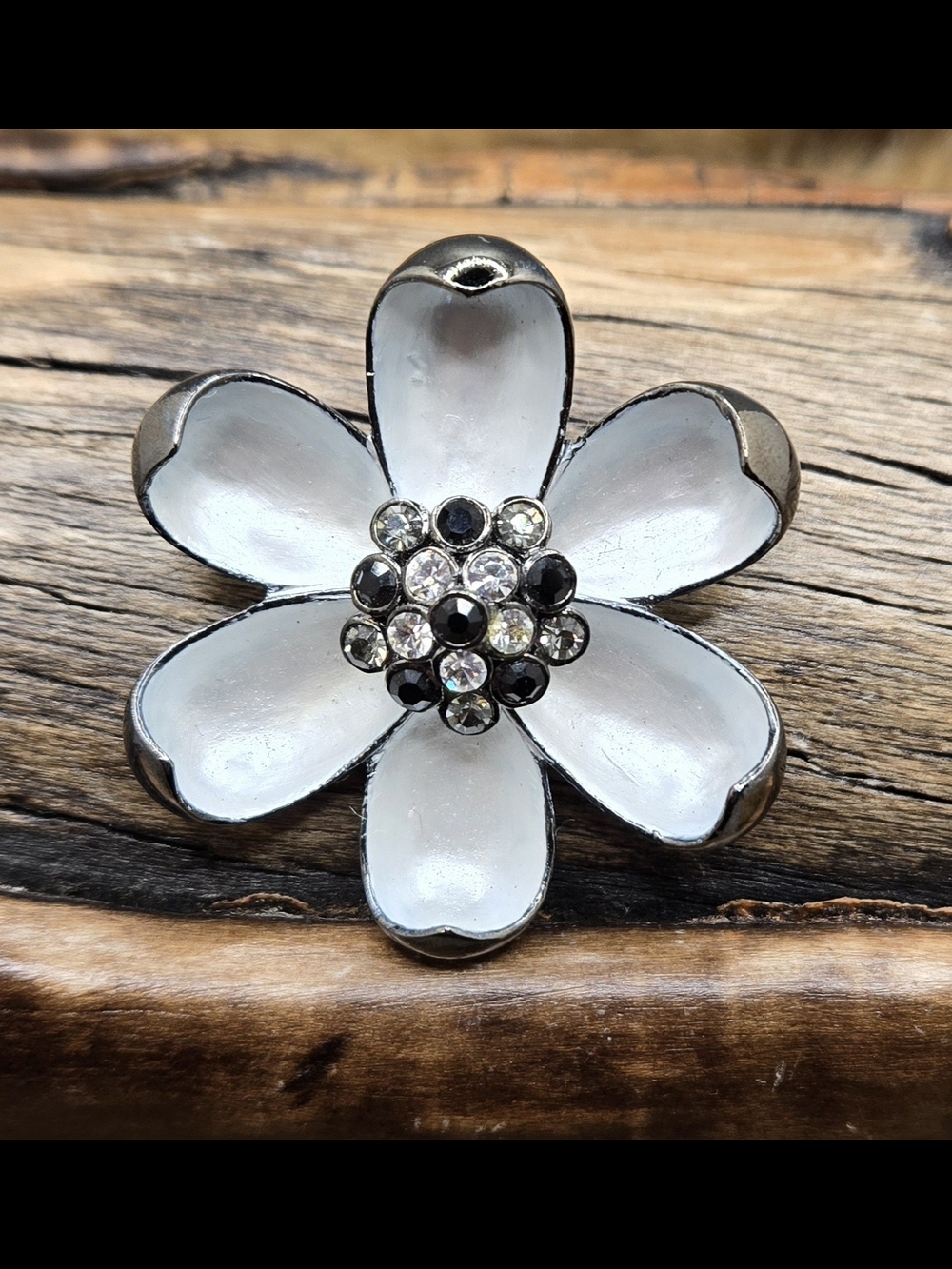 White Enamel Flower Brooch w/ Crystal Cluster Center 1½" Diameter
